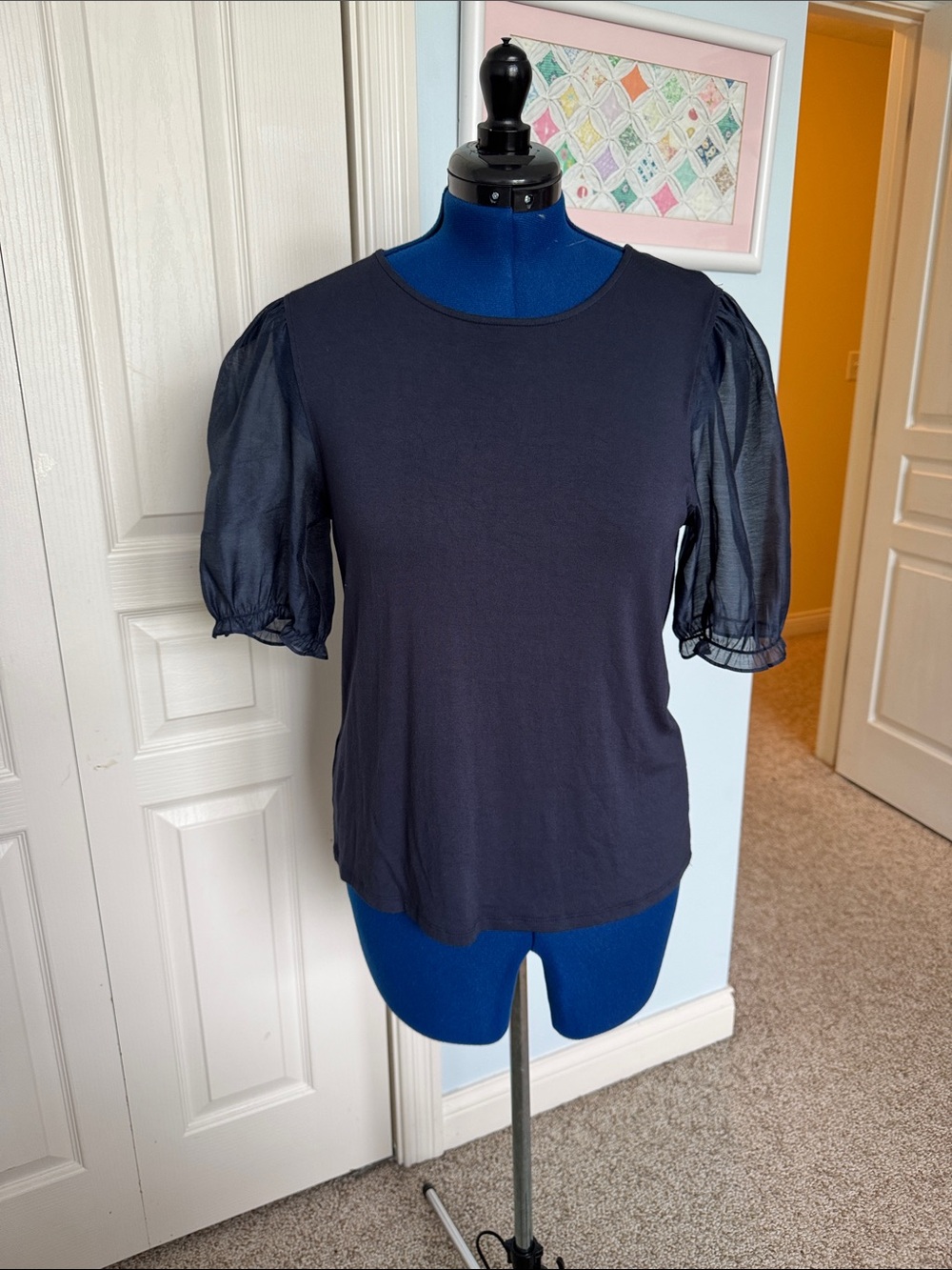 Sheer Puff Sleeve Navy Women's Tee